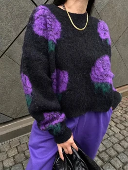 GALCAUR Casual Tanak džemper s obojene blokove Temperament za žene s okruglog izreza i dugi rukav Trendi Ženski pulover Stil 2021 Jesen