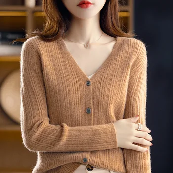 Ženski džemper sa V-neck, od čiste vune Plus Veličina Jakne, jesenskih i zimskih svakodnevne kukičane majice, korejski moderan džemper dugih rukava