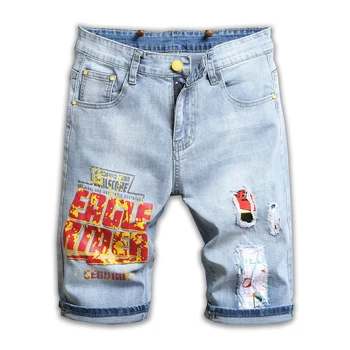 Hip-hop traper kratke hlače muške ljetne traperice s pet bodova modni kvalitetne elastične tanke rupe sa slikom za ispis kolaž muške traperice
