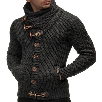 Muški однобортный kardigan s visokim воротом Plus size Pletene džemper dugih rukava Casual tanak debeli džemper s kopčom od rog