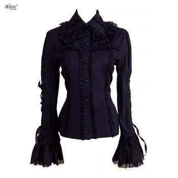 Ainclu Ženska crna Pamučna gotička bluzu s dugim rukavima i gornje odjeće u stilu Лолиты s natpisom 