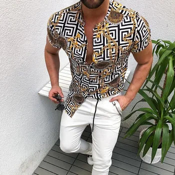 Ljetna muška košulja u nacionalnom stilu 2020 Men ' s etničkim po cijeloj površini Ovratnik-satna prugama kratkih rukava Slobodna Havajski casual košulja Henley BE4