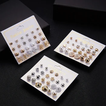 Skup ženske naušnice Klasicni Korejski geometrijski Naušnice-roze Ženske Korejski Zlatne naušnice s malim metalnim biserima 2021 Trend nakit