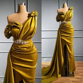 Arabic Zlato Seksi maturalne haljine Sirena sa kristalima na jedno rame Večernja haljina s visokim prorezom Večernje haljine za zabave na drugom primite vestido