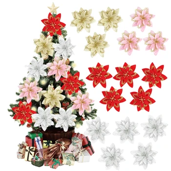 10 Kom. Božićni sjaj Cvijeće Poinsettia Ukrasne umjetno cvijeće za ukrašavanje Božićnog drvca 13 cm, cvijet od umjetne svile