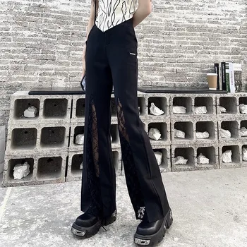 Vanjska odjeća Y2K Crne ženske hlače Harajuku Modni crne čipke Trend linije s visokim strukom Izravne Berba široke hlače