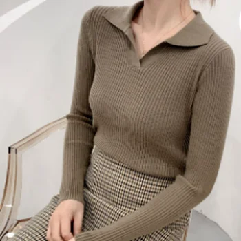 Jesen Zima V-izrez u obliku dugih rukava Ženski džemper s tankim igle Polo Pletene džemper Ženska gornja odjeća Pletene veste 17537