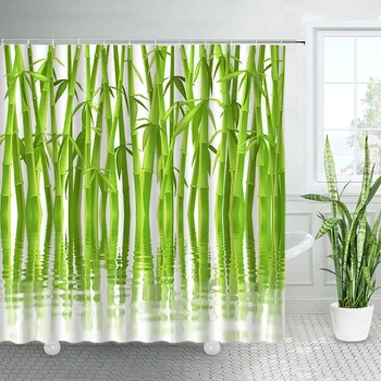 Bambusa Zavjese za tuširanje s po cijeloj površini Skup Zen je Japanski Proljeće Priroda Tan Home Dekor Azijski Luksuzne Tkanine Zavjese za kupaonicu s kukicama