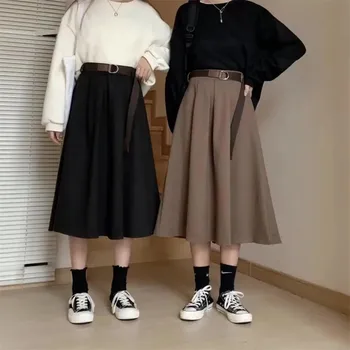 Običan suknja sa pojasom Ženske do sredine kavijar s visokim strukom Prijatelji Korejski Elegantan Fakultet za Proljeće, Jesen je Sve je Utakmica Jupe Mujer Faldas Ženski