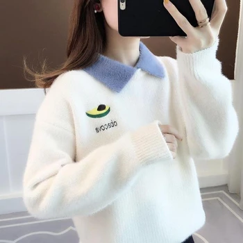 Jesen Zima Ženski Casual print Kawaii Slatki Slobodan pletene džemper u korejskom stilu pulover dugih rukava Top Ženska odjeća 2021