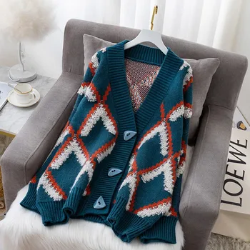 Pletene džemper sa V-izrez jakna ženska jesen i zima 2021 moda nova boja u tonu dijamant kockice slobodan kardigan top