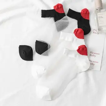 Kristalno kratke Svilene čarape, Ženske Ljetnim Staklene svile Prozračna pamučna 3D Crvena srca Slatka čarape na щиколотках