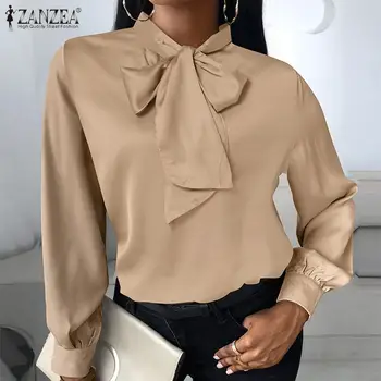 ZANZEA Elegantna ženska bluza OL Jesenski moderan košulja dugih rukava i kravata-leptir Svakodnevni ženska tunika Vrhovima Prevelike čvrste radne bluze