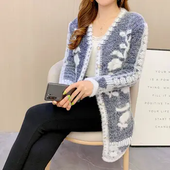 Žakard gumbe Pletene džemper Ženski jesensko - zimskom kardigan Džemper Donje kaput Seksi dugi tanki imitacija mink Kardigan Femme 778