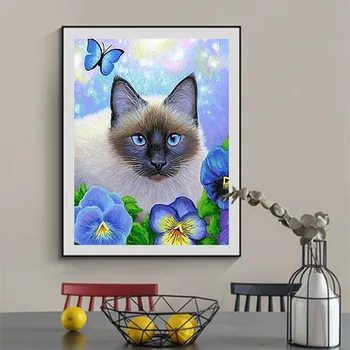 Tajlandska Sijamski Mačka Plavi Cvijet Diamond Slikarstvo Životinja Kružna Bušilica Kompletna DIY Rukotvorina Mozaik Vez 5D Vez Križem