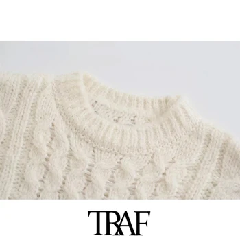 TRAF Ženska moda Негабаритный Džemper kabel žica i Starinski O-izrez u obliku dugih rukava Ženski puloveri Šik vrhovima