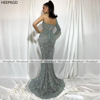 Luksuzni 2021 Sivu prom haljina Sirena s jednog ramena s dugim rukavima, sjajne perle, Haljine za posebne prigode, Сшитое na red večernja haljina