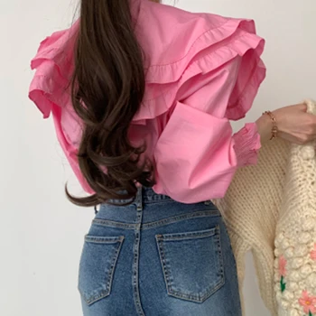 GALCAUR Pink korejski funky patchwork majica sa volanima i dodaci za žene, ovratnik s lapels, bujnom rukava, Monotono bluza na zakopčane, ženski