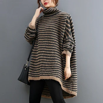 SuperAen Plus size free Ženski pulover s visokim воротом Jesen pulover u pruge od кашемировой vune s punim dnom