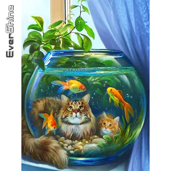 Evershine 5D Diamond Vez Mačka je Životinja Diamond Slikarstvo Riba Slika Iz Mozaika Sa Štrasom Novi dolazak Ukras Kuće