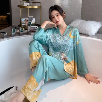 Nova ženska svilene пижама kardigan s V-izrez odgovaraju za kućnu održavanje slobodna tanka пижама za žene